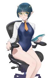  absurdres artist_name blue_eyes blue_hair blue_one-piece_swimsuit blunt_bangs book breasts carlo_montie chair closed_mouth commentary demon_horns english_commentary feet_out_of_frame female glasses highleg highleg_swimsuit highres holding holding_book holding_pen horns long_sleeves looking_to_the_side lv1_maou_to_one_room_yuusha medium_breasts necktie office_chair on_chair one-piece_swimsuit orange_necktie pen pointy_ears short_hair short_necktie sideways_glance simple_background sitting solo swimsuit swimsuit_over_clothes swivel_chair white_background wing_collar yellow-framed_eyewear zenia_(lv1_maou_to_one_room_yuusha) 