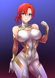  &gt;:) alternate_costume asymmetrical_bangs baron_(nsbaron) blue_eyes blush boudica_(fate) breasts clenched_hand closed_mouth covered_navel covered_nipples cowboy_shot fate/grand_order fate_(series) female gloves gradient_background grey_leotard highres impossible_clothes impossible_leotard large_breasts leotard multicolored_background red_gloves red_hair short_hair short_ponytail skin_tight smile solo taimanin_(series) taimanin_suit v-shaped_eyebrows 