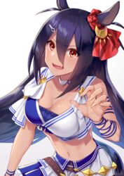  akatsuki_(kuon) animal_ears arm_wrap belt black_hair blue_shirt breasts brown_belt choker cleavage collarbone commentary_request cowboy_shot crop_top dark-skinned_female dark_skin ear_ornament female hair_between_eyes hair_ornament hairclip hand_up hishi_amazon_(umamusume) horse_ears horse_girl horse_tail long_hair looking_at_viewer medium_breasts midriff navel oerba_yun_fang open_mouth pleated_skirt red_eyes red_scrunchie scrunchie shirt sidelocks simple_background single_bare_shoulder skirt solo tail tan twitter_username two-tone_shirt umamusume very_long_hair white_background white_choker white_shirt white_skirt 