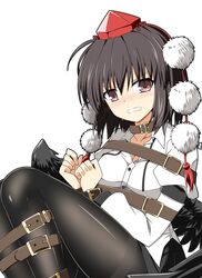  belt black_hair black_pantyhose bound breasts brown_eyes clenched_teeth female hat highres pantyhose pom_pom_(clothes) red_hat rise_(rise19851203) shameimaru_aya simple_background solo teeth thighband_pantyhose tokin_hat touhou white_background wings 