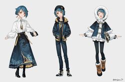  1boy absurdres alternate_costume asymmetrical_bangs black_headwear black_thighhighs blue_hair blue_skirt cape earrings ethylene_ty full_body fur-trimmed_cape fur-trimmed_sleeves fur_trim genshin_impact high_heels highres jewelry long_sleeves looking_at_viewer medium_hair multiple_views otoko_no_ko pantyhose puffy_long_sleeves puffy_sleeves single_earring skirt standing tassel tassel_earrings thighhighs xingqiu_(genshin_impact) yellow_eyes 