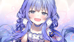  :3 :d blue_bow blush bow choker collarbone commentary_request dress female flat_chest from_above gradient_background hairbow half-closed_eyes hand_in_own_hair heart highres holding holding_own_hair long_hair looking_at_viewer nijisanji official_alternate_costume open_mouth pink_ribbon purple_eyes purple_hair ribbon simple_background smile solo syuri22 upper_body virtual_youtuber white_dress wrist_cuffs yuuki_chihiro yuuki_chihiro_(8th_costume) 