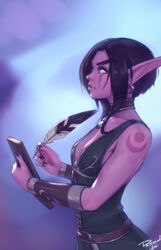  absurdres artist_name black_hair breasts cleavage colored_skin elf english_commentary female grey_eyes highres holding holding_quill laurie_(personal_ami) night_elf_(warcraft) personal_ami player_character_(wow) pointy_ears purple_skin quill short_hair sideboob sleeveless small_breasts solo upper_body warcraft watermark world_of_warcraft 