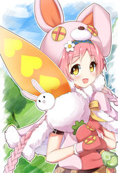  :d animal_hat bananatsukis blue_hairband blush braid button_eyes buttons capelet carrot female flower from_side fur-trimmed_capelet fur_trim hair_flower hair_ornament hairband hat heart heart_print highres holding long_hair looking_at_viewer meadow mimi_(princess_connect!) mittens open_mouth outdoors pink_capelet pink_hair princess_connect! rabbit_hat raised_eyebrows red_mittens smile solo twin_braids twintails upper_body white_flower yellow_eyes 