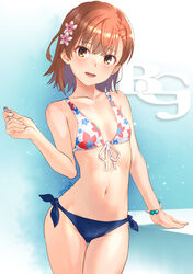  bikini blue_bikini bracelet breasts brown_eyes brown_hair coin collarbone comiket_102 commentary_request female floral_print flower front-tie_bikini_top front-tie_top groin hair_flower hair_ornament hand_up holding holding_coin jewelry looking_at_viewer medium_hair misaka_mikoto navel official_alternate_costume open_mouth print_bikini raika9 side-tie_bikini_bottom simple_background small_breasts smile solo swimsuit thigh_gap thighs toaru_kagaku_no_railgun toaru_majutsu_no_index toaru_majutsu_no_index:_imaginary_fest twitter_username two-tone_bikini white_bikini 