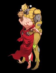  2boys ? ass_grab birthmark black_background blonde_hair commentary_request dio_brando full_body heart heart_kneepads height_difference highres joestar_birthmark jojo_no_kimyou_na_bouken long_hair looking_at_another male_focus multiple_boys muscular muscular_male nail_polish pectorals scar scar_on_neck shenshan_laolin spoken_heart spoken_question_mark stand_(jojo) standing stardust_crusaders the_world topless_male yaoi 