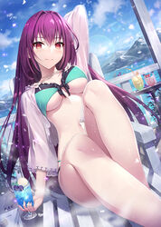  bare_shoulders bikini black_bikini breasts cleavage collarbone fate/grand_order fate_(series) female food gabiran green_bikini hair_between_eyes ice_cream ice_cream_float large_breasts long_hair long_sleeves looking_at_viewer navel open_clothes open_shirt outdoors purple_hair red_eyes scathach_(fate) scathach_skadi_(fate) scathach_skadi_(swimsuit_ruler)_(fate) scathach_skadi_(swimsuit_ruler)_(final_ascension)_(fate) see-through smile solo swimsuit thighs two-tone_bikini 