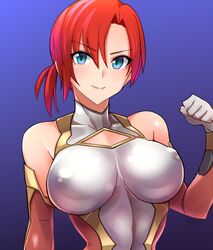  &gt;:) alternate_costume asymmetrical_bangs baron_(nsbaron) blue_eyes blush boudica_(fate) breasts clenched_hand closed_mouth commentary_request covered_navel covered_nipples cowboy_shot fate/grand_order fate_(series) female gloves gradient_background grey_leotard impossible_clothes impossible_leotard large_breasts leotard multicolored_background red_gloves red_hair short_hair short_ponytail skin_tight smile solo taimanin_(series) taimanin_suit upper_body v-shaped_eyebrows 