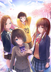  4girls absurdres arms_behind_head black_hair black_jacket black_legwear black_skirt blazer blue_eyes blue_jacket blue_neckwear blue_sky bob_cut bow bowtie brown_eyes brown_hair brown_jacket brown_skirt cardigan cherry_blossoms cloud commentary_request dress_shirt enogu green_eyes grey_cardigan highres hinata_nao_(iwamotochou_geinousha) hood hood_down hoodie iwamotochou_geinousha jacket kagawa_ichigo light_rays light_smile long_hair long_sleeves looking_at_viewer looking_up loose_hair_strand multiple_girls natsume_haru necktie official_art one_eye_closed outdoors parted_hair plaid plaid_skirt pleated_skirt red_bow red_bowtie school_uniform shirafuji_tamaki shirt short_hair skirt sky striped striped_necktie sunbeam sunlight suzuki_anzu sweater_vest thighhighs tree virtual_youtuber white_shirt wind yellow_hoodie yellow_sweater_vest zettai_ryouiki 