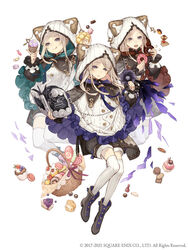  3girls :d basket blonde_hair blue_little_pig_(sinoalice) book bread cake candy checkerboard_cookie company_name cookie copyright_notice cracker cream_puff cupcake doughnut food frills full_body green_little_pig_(sinoalice) hood hood_up ji_no licking_lips long_hair looking_at_viewer macaron melon_bread multiple_girls official_art open_mouth orangette poncho purple_eyes red_little_pig_(sinoalice) shorts siblings sinoalice sisters smile teeth thighhighs thumbprint_cookie tongue tongue_out upper_teeth_only white_background wrapped_candy 