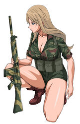  18_(aug1) bad_id bad_pixiv_id battle_rifle blonde_hair blue_eyes boots breast_pocket breasts brown_footwear camouflage camouflage_shirt cleavage commentary_request cross-laced_footwear female fingernails fn_fal full_body green_shorts gun holding holding_gun holding_weapon kneeling lace-up_boots large_breasts lips long_hair looking_to_the_side magazine_(object) military military_uniform open_clothes open_mouth open_shirt original pocket rhodesia rhodesian_light_infantry rifle shirt short_sleeves shorts simple_background sleeves_rolled_up solo straight_hair thick_thighs thighs uniform weapon white_background 