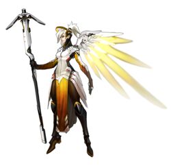  absurdres alpha_transparency arnold_tsang black_eyes breasts female floating full_body halo high_ponytail highres mechanical_halo mechanical_wings medium_breasts mercy_(overwatch) official_art overwatch overwatch_1 pelvic_curtain solo staff transparent_background white_hair wings 