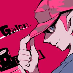  .52_gal_(splatoon) 1boy baseball_cap blue_eyes character_name close-up closed_mouth commentary_request hat hat_tip inkling inkling_boy inkling_player_character looking_at_viewer lowres male_focus nana_(raiupika) pink_background pointy_ears simple_background smile solo splatoon_(series) 