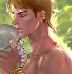  1boy birthmark blonde_hair closed_eyes commentary_request dio_brando ear_birthmark emg_(christain) joestar_birthmark jojo_no_kimyou_na_bouken kissing kissing_forehead kissing_skull male_focus manly scar scar_on_neck skull solo star_(symbol) stardust_crusaders 