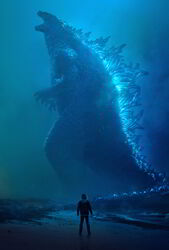  beach bioluminescence dinosaur energy epic fog giant_monster glowing godzilla godzilla_(2019) godzilla_(series) godzilla_2019 kaijuu legendary_pictures monster monsterverse movie_poster mutant night ocean official_art roaring sea spikes tail toho_(film_company) water 