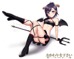  artist_name bandeau bare_shoulders bat_wings black_footwear black_gloves black_skirt blush boots breasts commentary commission cowfee demon_girl english_commentary female gabriel_dropout gloves hair_ornament hairclip hallelujah_essaim hand_on_own_chest high_heel_boots high_heels horns knee_boots leg_up looking_at_viewer medium_hair o-ring o-ring_top polearm purple_eyes purple_hair simple_background sitting skirt small_breasts smile solo trident vignette_tsukinose_april watermark weapon white_background wings x_hair_ornament 