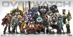  5girls absurdres armor arnold_tsang assault_visor bare_pectorals bastion_(overwatch) beard bird black_hair black_jacket blonde_hair blue_dress cassidy_(overwatch) cigar clothed_robot colored_skin cowboy_hat dark-skinned_female dark_skin dress energy_wings everyone facial_hair genji_(overwatch) goggles gorilla gun hammer hanzo_(overwatch) hat helmet highres holding holding_gun holding_hammer holding_weapon hood hood_up incredibly_absurdres jacket long_hair looking_up mask mercy_(overwatch) multiple_girls official_art overwatch overwatch_1 pantyhose pectorals pharah_(overwatch) ponytail power_armor purple_skin reaper_(overwatch) reinhardt_(overwatch) roadhog_(overwatch) robot smoking stomach_tattoo symmetra_(overwatch) tattoo thighhighs topless_male torbjorn_(overwatch) tracer_(overwatch) very_long_hair weapon white_hair widowmaker_(overwatch) winston_(overwatch) zenyatta_(overwatch) 