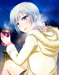  anastasia_(idolmaster) blue_eyes commentary_request female grey_hair hot_drink idolmaster idolmaster_cinderella_girls open_mouth parka short_hair smile solo udon_(memai_no_kabe) 