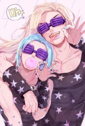  2boys bare_shoulders blonde_hair blue_hair blue_nails brown_hair chewing_gum commentary_request dvqjo gold_teeth grills gyro_zeppeli highres johnny_joestar jojo_no_kimyou_na_bouken lipstick makeup male_focus multiple_boys nail_polish purple_lips star_(symbol) star_print steel_ball_run sunglasses tongue tongue_out wristband 