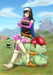  belt black_hair boots breasts bustier cape cleavage colored_skin commentary_request crossed_legs dragon_quest dragon_quest_x dwarf_(dq10) earrings elbow_gloves female glasses gloves green_eyes green_skin head_rest highres holding holding_removed_eyewear hoop_earrings human_furniture jewelry knee_boots kosatsune long_hair long_legs medium_breasts multiple_belts pink_gloves pink_legwear red-framed_eyewear ribbed_shirt runana_(dq10) shirt sitting sitting_on_person skirt swept_bangs thighhighs unworn_eyewear 