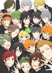  6+boys ;) ahoge akiyama_hayato amagase_touma anime_coloring aoi_kyosuke aoi_yusuke beit_(idolmaster) black_hair blonde_hair brothers commentary_request crossed_fingers dramatic_stars_(idolmaster) everyone facial_hair fuyumi_jun glasses goatee green_eyes green_hair grey_hair hairband high_x_joker_(idolmaster) highres idol idolmaster idolmaster_side-m ijuuin_hokuto iseya_shiki jupiter_(idolmaster) kaerre kashiwagi_tsubasa male_focus mitarai_shouta multicolored_hair multiple_boys official_style one_eye_closed pierre_bichelberger pink-framed_eyewear pink_eyes purple_eyes red_hair s.e.m_(idolmaster) sakaki_natsuki sakuraba_kaoru siblings smile stuffed_animal stuffed_toy sweatband taa_(tasan) takajo_kyoji tendo_teru twins two-tone_hair w_(idolmaster) wakazato_haruna watanabe_minori 