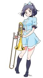  black_eyes black_footwear blue_dress blue_hair boots bow commentary dress female full_body hairbow hibike!_euphonium instrument karaagetarou knee_boots ponytail sasaki_azusa signature simple_background solo trombone white_background 