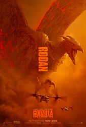  bioluminescence cloud energy epic giant_monster glowing glowing_eyes godzilla_(series) horns kaijuu lava legendary_pictures military military_vehicle monster monsterverse movie_poster official_art osprey_(aircraft) pterodactyl rodan rodan_(2019) text text_focus toho_(film_company) wings 