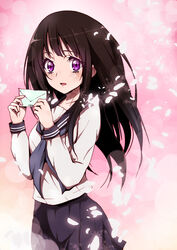  black_hair chitanda_eru commentary_request envelope female highres hyouka kamiyama_high_school_uniform_(hyouka) long_hair purple_eyes school_uniform serafuku solo standing sumiosmith 