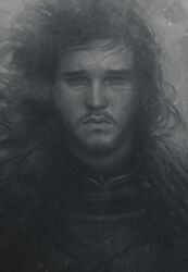  1boy a_song_of_ice_and_fire beard commentary english_commentary facial_hair game_of_thrones greyscale highres jon_snow looking_at_viewer male_focus manly md5_mismatch monochrome moustache photoshop_(medium) realistic signature solo stanley_lau upper_body 