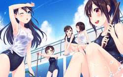  5girls ;o ^_^ arm_up armpits bare_arms bare_legs bare_shoulders blue_eyes blue_sky blush bottle breasts broom brown_hair chain-link_fence closed_eyes closed_mouth cloud collarbone commentary_request contrail covered_navel cowboy_shot day dripping empty_pool fence green_eyes hand_on_forehead highres holding holding_broom hose long_hair low_twintails medium_breasts multiple_girls one_eye_closed open_mouth original outdoors ponytail pool red_eyes ribbon round_teeth school_swimsuit see-through shiny_skin shirt short_hair sidelocks sitting skin_tight sky splashing squatting standing swimsuit swimsuit_under_clothes teeth thighs tied_shirt twintails warabimochi_kinako water water_bottle water_drop wet wet_clothes wet_shirt white_ribbon white_shirt yellow_eyes 