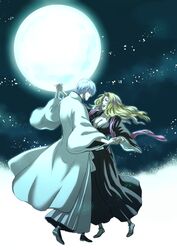  1boy :d black_kimono bleach blonde_hair breasts cleavage cloud collarbone commentary_request couple dancing female floating_hair from_side full_moon haori highres holding_hands ichimaru_gin interlocked_fingers japanese_clothes ki_(pixiv239687) kimono large_breasts long_hair matsumoto_rangiku moon night open_mouth sky smile straight taichou_haori white_hair 