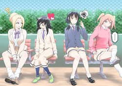  ... 4girls ? anna_(watamote) bad_source day heart jealous kuroki_tomoko multiple_girls nakano_hitomi nemoto_hina outdoors sitting spoken_ellipsis spoken_squiggle squiggle tamura_yuri watashi_ga_motenai_no_wa_dou_kangaetemo_omaera_ga_warui! 