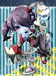  bare_shoulders blue_skin chibi detached_collar detached_sleeves dress female hair_over_one_eye leviathan_(skullgirls) long_hair no_shoes purple_hair red_eyes rin10 short_hair side_ponytail skull skullgirls socks squigly_(skullgirls) stitched_mouth stitches striped striped_legwear striped_sleeves striped_socks zombie 