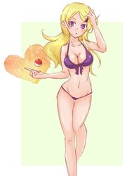  :o ace_trainer_(pokemon) ayaka_(pokemon) bikini blonde_hair breasts cleavage collarbone creatures_(company) female front-tie_top game_freak hair_ornament hairclip heart long_hair navel nintendo npc_trainer open_mouth poke_ball pokemon pokemon_(game) pokemon_xy purple_eyes solo swimsuit 