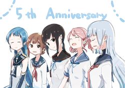  5girls anchor_symbol anniversary bad_id bad_twitter_id black_hair blue_hair brown_hair closed_eyes commentary_request elbow_gloves english_text fubuki_(kancolle) gloves grey_hair hair_ribbon inazuma_(kancolle) kantai_collection long_hair long_sleeves looking_at_viewer mikiki multiple_girls murakumo_(kancolle) open_mouth pink_hair remodel_(kantai_collection) ribbon sailor_collar samidare_(kancolle) sazanami_(kancolle) short_sleeves sleeveless smile upper_body white_background 