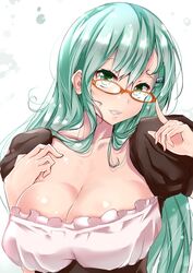  alternate_costume aqua_hair bespectacled blush breasts cleavage collarbone commentary_request female finger_to_eyewear glasses green_eyes hair_ornament hairclip highres kantai_collection large_breasts long_hair looking_at_viewer orange-framed_eyewear puffy_short_sleeves puffy_sleeves sankakusui short_sleeves solo suzuya_(kancolle) teeth underbust upper_body 