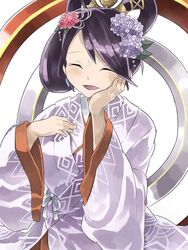  ^_^ alternate_hairstyle beads closed_eyes commentary_request facing_viewer female hair_ornament hair_rings hair_tubes hair_up hand_on_own_cheek hand_on_own_chest hand_on_own_face hands_up highres izanami_(p&amp;d) japanese_clothes kanzashi kimono long_hair long_sleeves mosamune open_mouth purple_hair puzzle_&amp;_dragons solo uchikake wide_sleeves 