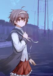  ahoge blue_sky brown_eyes commentary_request day dress female grey_hair grey_vest hand_on_own_chest headband hiyou_(warship_girls_r) holding holding_ribbon looking_at_viewer pleated_skirt red_skirt ribbon sailor_collar shirt short_hair skirt sky smile solo standing ujo_(kho3361) utility_pole vest waistcoat warship_girls_r white_ribbon white_shirt 