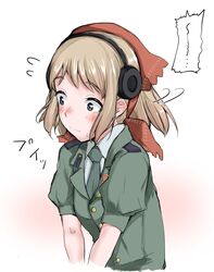  blonde_hair blue_eyes blush closed_mouth collared_shirt commentary_request female green_jacket green_necktie headphones highres jacket kerchief medium_hair milihime_taisen military military_uniform necktie oskin_(milihime_taisen) shichisaburo shirt short_sleeves sidelocks simple_background solo uniform upper_body 