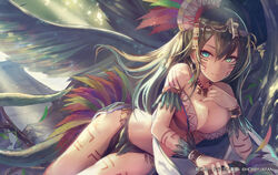  aztec breasts brown_hair cleavage commentary_request copyright_name facial_mark feathers female green_eyes hair_ornament jewelry large_breasts long_hair looking_at_viewer mayan_mythology moeru!_dragon_jiten moeru!_jiten nakaichi_(ridil) necklace official_art personification photoshop_(medium) quetzalcoatl_(mythology) smile solo tattoo wings 