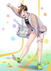  alternate_costume alternate_eye_color anklet arm_up bad_id bad_pixiv_id bag ball black_shirt black_shorts blue_nails blush brown_hair casual charm_(object) clenched_hand ear_piercing female fingernails freckles full_body goggles goggles_on_head green_footwear grey_jacket grin happy jacket jewelry leaning_forward long_sleeves nail_polish no_harness one_eye_closed open_clothes open_jacket open_mouth orange-framed_eyewear overwatch overwatch_1 peyo_han photoshop_(medium) piercing polka_dot polka_dot_background racket shirt shoes short_hair short_shorts shorts shoulder_bag smile solo spiked_hair standing tennis_ball tennis_racket tongue tracer_(overwatch) yellow_eyes 