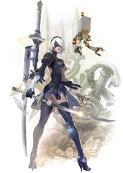  2b_(nier:automata) absurdres ass back_cutout black_blindfold black_dress black_footwear black_thighhighs blindfold boots breasts clothing_cutout covered_eyes dress feather-trimmed_sleeves feather_trim female full_body gloves hairband high_heel_boots high_heels highres holding holding_sword holding_weapon kawano_takuji lens_flare lips looking_back medium_breasts mole mole_under_mouth nier:automata nier_(series) official_art pod_(nier:automata) puffy_sleeves robot short_dress short_hair side_slit simple_background soulcalibur soulcalibur_vi standing sword thigh_boots thighhighs turtleneck virtuous_contract virtuous_treaty weapon white_hair 