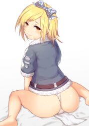  ass belt blonde_hair blush bow commentary_request djeeta_(granblue_fantasy) female granblue_fantasy hairbow looking_at_viewer orange_eyes panties shishikai short_hair sitting solo underwear white_bow white_panties 