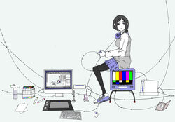  black_hair black_pantyhose blue_footwear blue_skirt breasts cable commentary_request computer computer_keyboard computer_mouse controller crt digital_media_player disc drawing_tablet female flat_color from_side full_body game_console grey_background grey_vest headphones headphones_around_neck holding holding_controller ipod long_sleeves looking_past_viewer looking_to_the_side marker medium_breasts monitor original pantyhose recording recursion shirt shoes short_hair simple_background sitting sitting_on_object skirt sneakers solo stylus sweater_vest television test_card vest white_shirt wii yokotakumi 