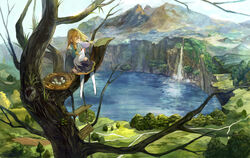  animal animal_on_lap bird bird_nest blonde_hair chicken cliff commentary_request day dress egg female hair_ribbon highres in_tree lake landscape long_sleeves mountain no_shoes on_lap original outdoors pantyhose plank ribbon rope_ladder scenery sidelocks sitting sitting_in_tree solo tamu_(tamurarucaffe1226) tree tress_ribbon water waterfall white_pantyhose wide_sleeves 