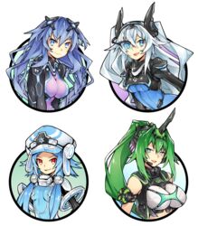  4girls bad_id black_heart_(neptunia) blue_eyes blue_hair ge-b green_hair green_heart_(neptunia) grey_hair horns light_blue_hair mechanical_horns multiple_girls neptune_(series) next_black next_green next_purple next_white purple_heart_(neptunia) red_eyes shin_jigen_game_neptune_vii single_horn smile white_heart_(neptunia) 