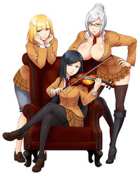  3girls armchair black_eyes blonde_hair blue_eyes boots breasts chair cleavage commentary_request glasses instrument kurihara_mari_(prison_school) large_breasts long_hair midorikawa_hana multiple_girls panties panties_under_pantyhose pantyhose prison_school school_uniform shiraki_meiko skirt thighhighs underwear violin yukako_(yukakotatu) 