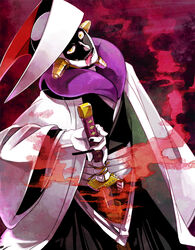  1boy asymmetrical_clothes black_kimono bleach commentary_request cowboy_shot haori hat head_tilt holding holding_sword holding_weapon japanese_clothes katana kimono kurotsuchi_mayuri male_focus meke_(mekepon) sheath single_long_fingernail solo standing sword taichou_haori tongue tongue_out unsheathing weapon white_hat 