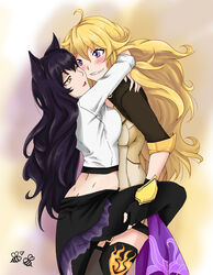  2girls ahoge animal_ears arms_around_neck black_hair blake_belladonna blonde_hair blush breast_press breasts butt_crack cat_ears commentary_request fingerless_gloves gloves hug long_hair medium_breasts multiple_girls pantyhose photoshop_(medium) purple_eyes rwby smile thighhighs yang_xiao_long yaya_(y8ay8a) yellow_eyes yuri 