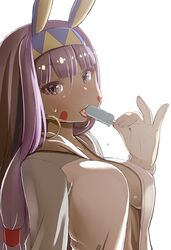  animal_ears bad_id bad_twitter_id blunt_bangs blush breasts covered_nipples dark-skinned_female dark_skin earrings facial_mark fate/grand_order fate_(series) female food hairband hoop_earrings jewelry long_hair looking_at_viewer medium_breasts nitocris_(fate) no_bra ooide_chousuke open_clothes open_shirt popsicle purple_eyes purple_hair rabbit_ears sideboob simple_background solo tongue tongue_out white_background 